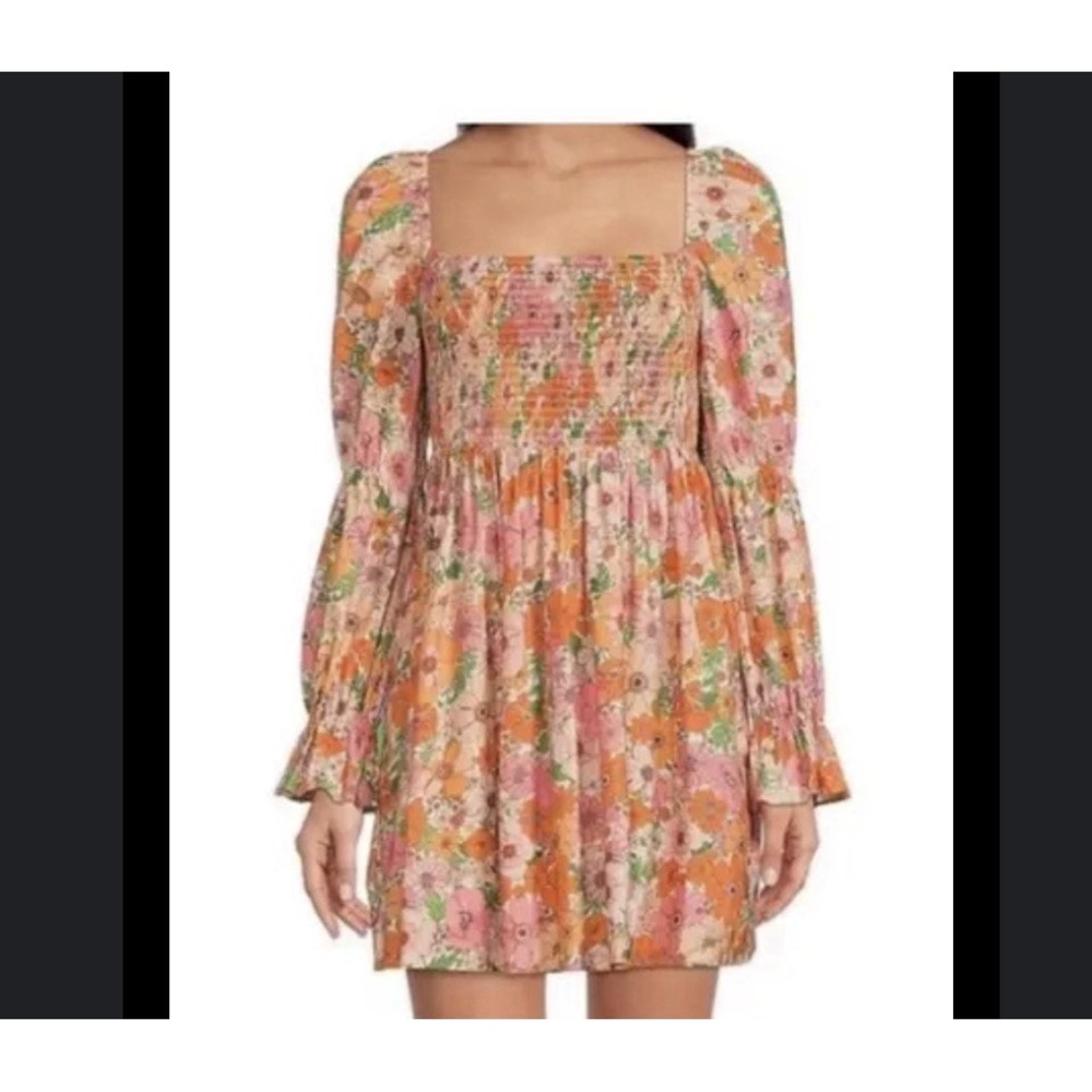 Gianni Bini Jade Orange Floral Smocked Babydoll Boho Fairy Milkmaid Mini Dress L